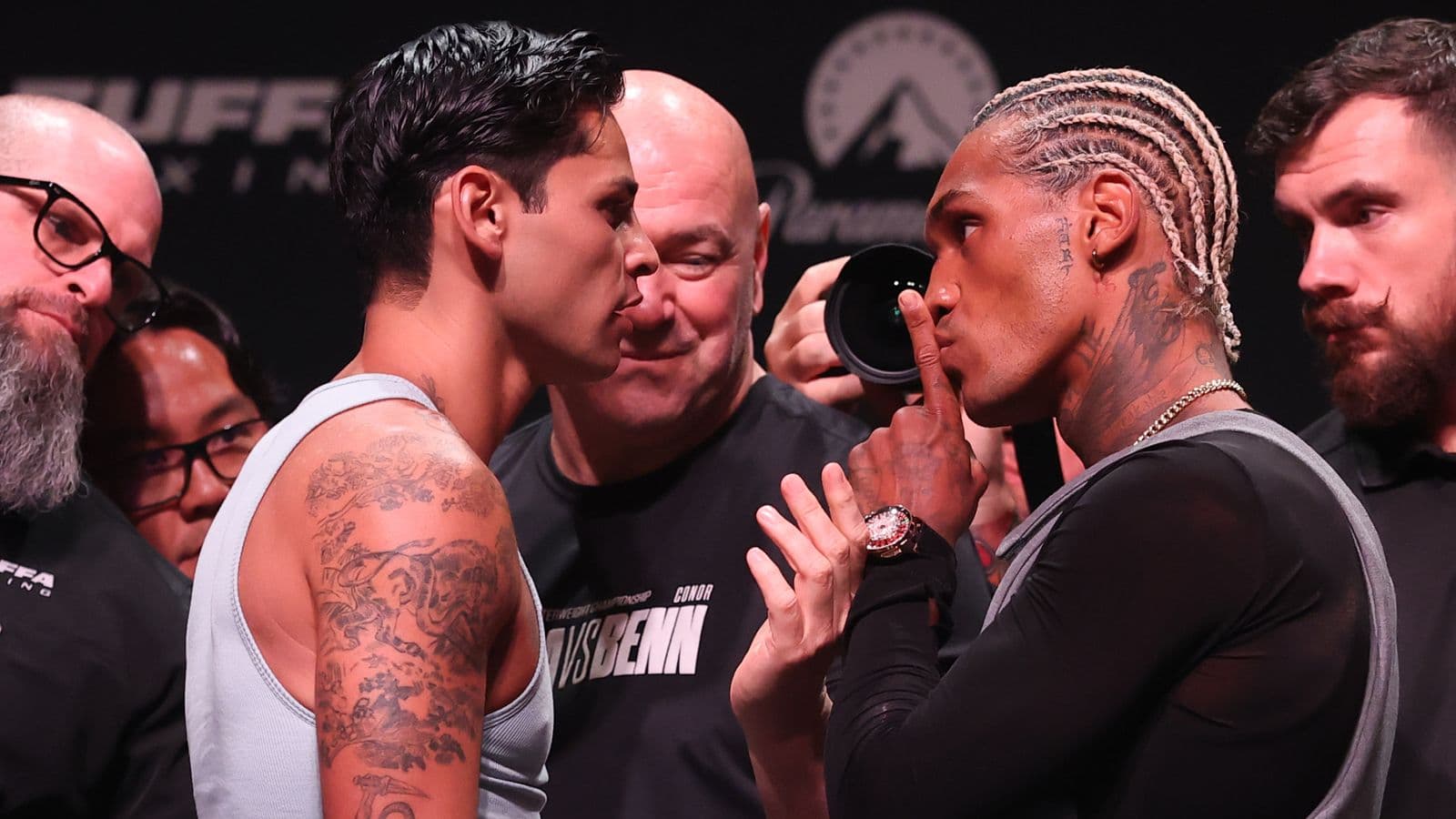 Ryan Garcia and Conor Benn in latest war of words as Teofimo Lopez gatecrashes press conference in disguise