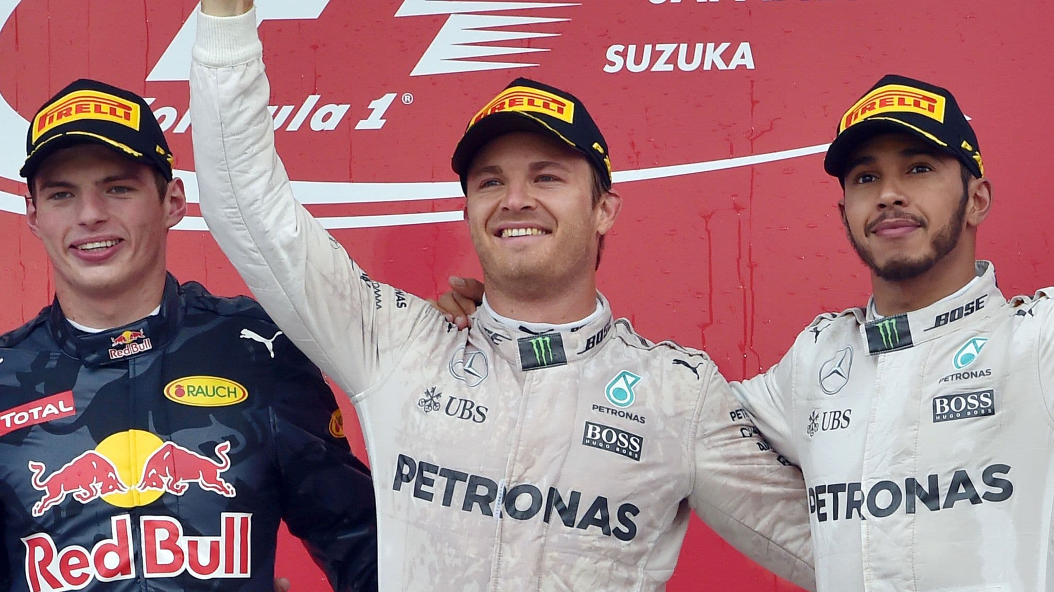 Nico Rosberg, Max Verstappen and Lewis Hamilton on the podium at the 2016 Japanese GP (AP)